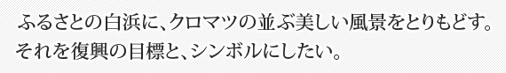 ふるさとの白浜に、クロマツの並ぶ美しい風景をとりもどす。それを復興の目標と、シンボルにしたい。